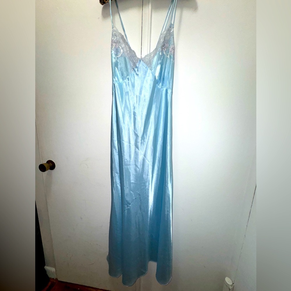Vintage 1970s Icy Blue Maxi Slip Dress with Lace trim XL